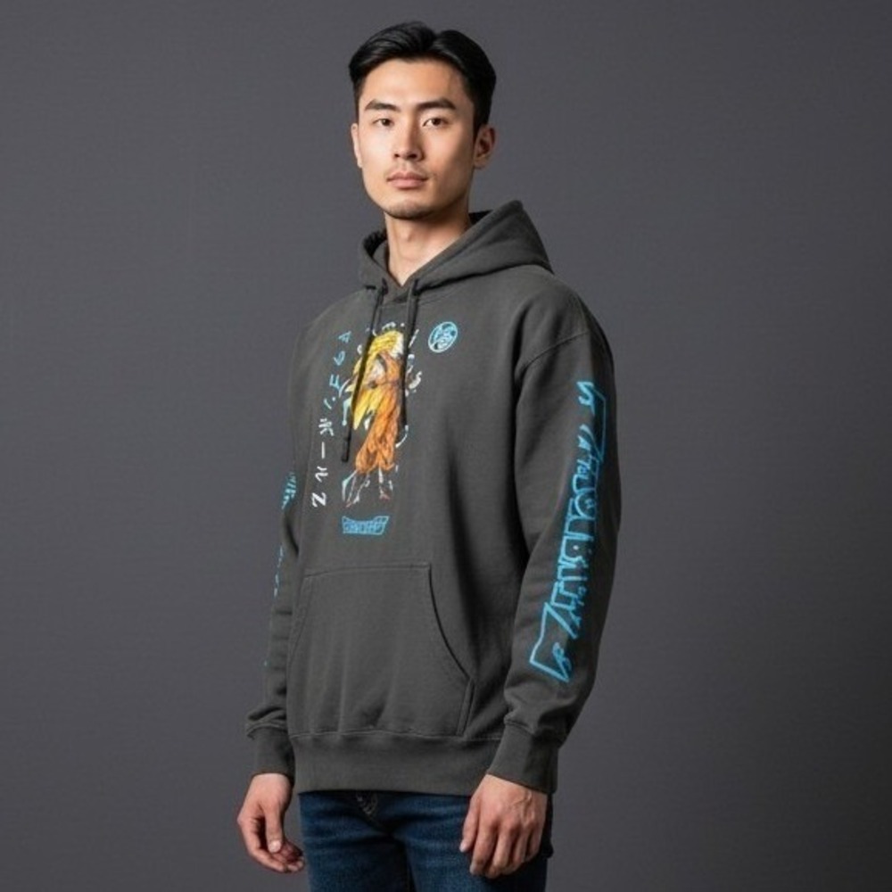 Dragon Ball Z Goku Super Saiyan 3 Graphic Hoodie Charcoal Grey Mens Large